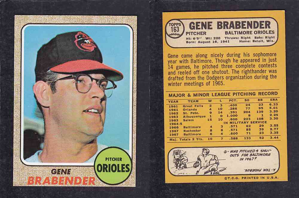 1968 TOPPS BASEBALL CARD  #163  G. BRABENDER photo