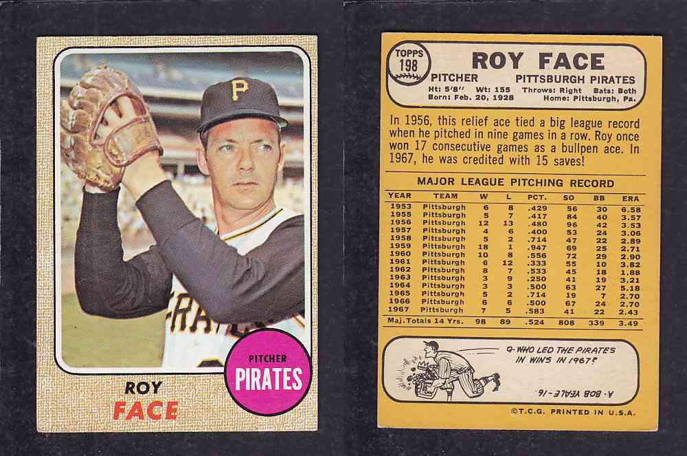 1968 TOPPS BASEBALL CARD  #198  R. FACE photo