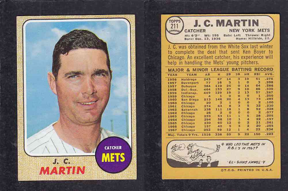 1968 TOPPS BASEBALL CARD  #211  J.C. MARTIN photo