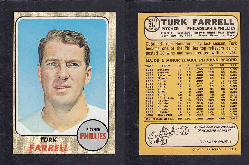1968 TOPPS BASEBALL CARD  #217  T. FARRELL photo