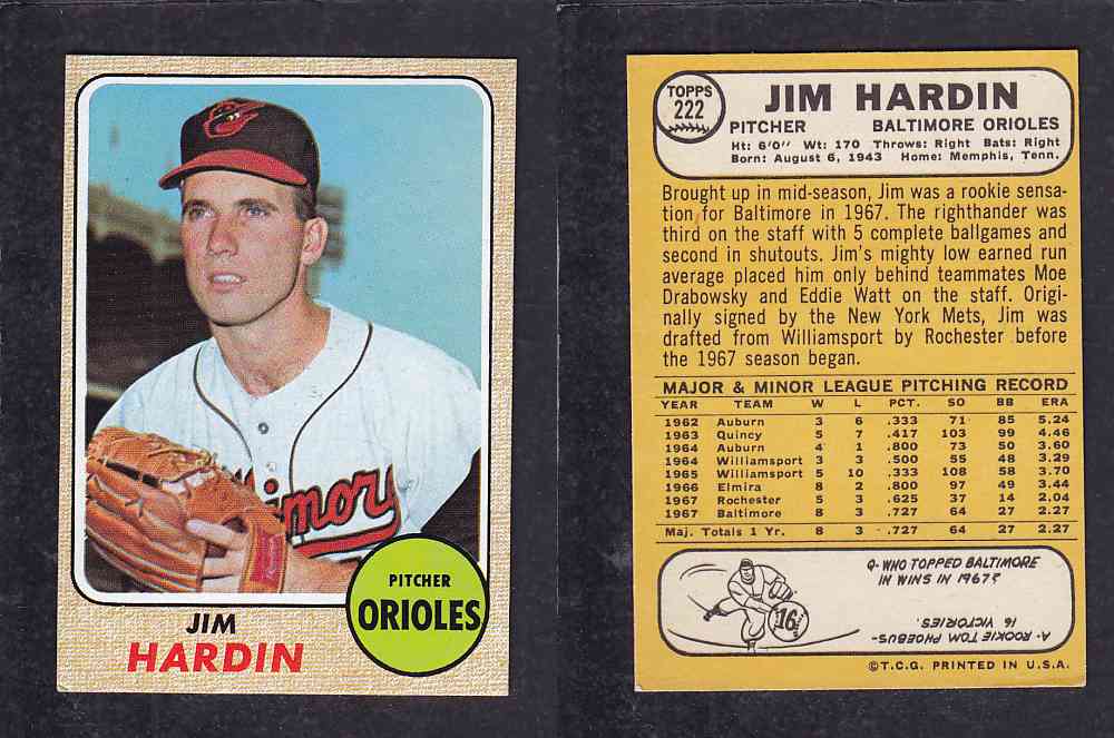 1968 TOPPS BASEBALL CARD  #222  J. HARDIN photo