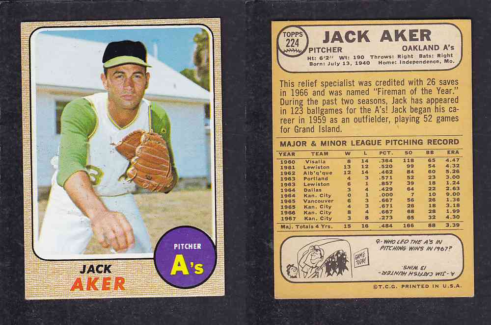 1968 TOPPS BASEBALL CARD  #224  J. AKER photo