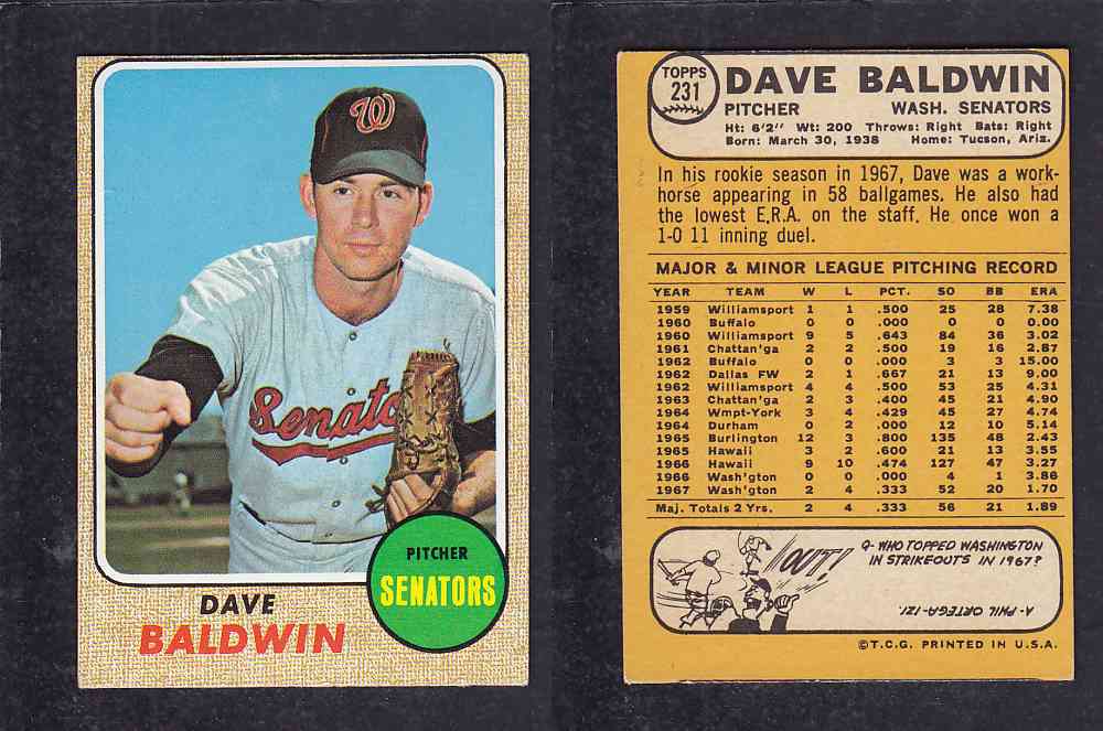 1968 TOPPS BASEBALL CARD  #231  D. BALDWIN photo