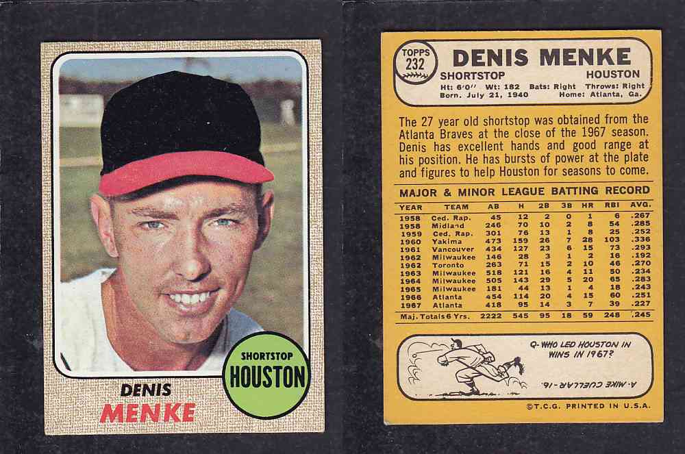 1968 TOPPS BASEBALL CARD  #232  D.MENKE photo