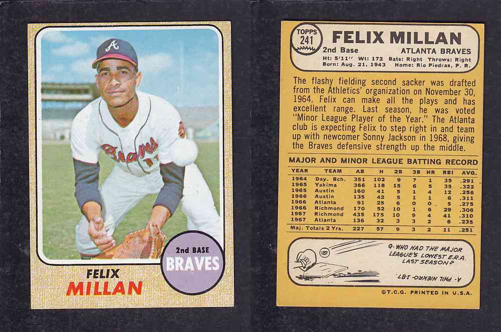 1968 TOPPS BASEBALL CARD  #241  F. MILLAN photo