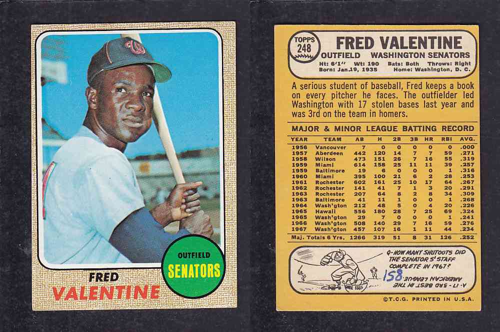 1968 TOPPS BASEBALL CARD  #248  F. VALENTINE photo