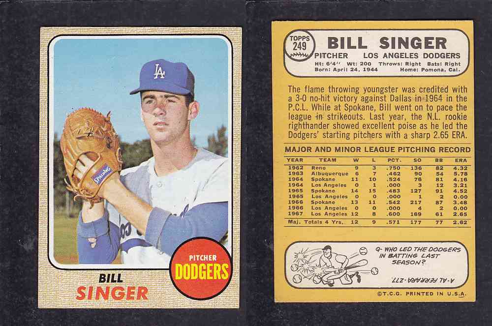 1968 TOPPS BASEBALL CARD  #249  B. SINGER photo