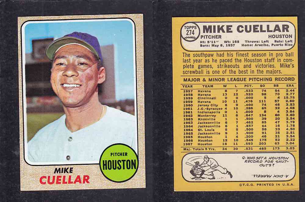 1968 TOPPS BASEBALL CARD  #274  M. CUELLAR photo