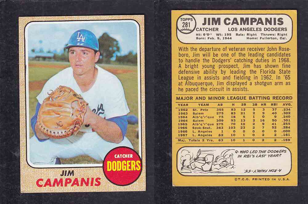 1968 TOPPS BASEBALL CARD  #281  J. CAMPANIS photo