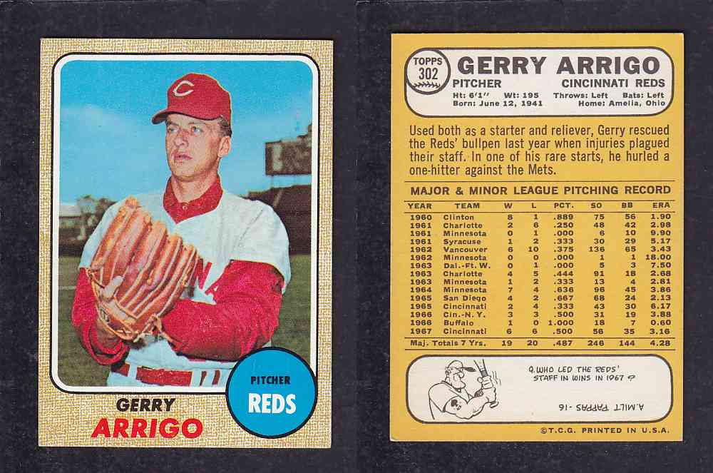 1968 TOPPS BASEBALL CARD  #302  G. ARRIGO photo