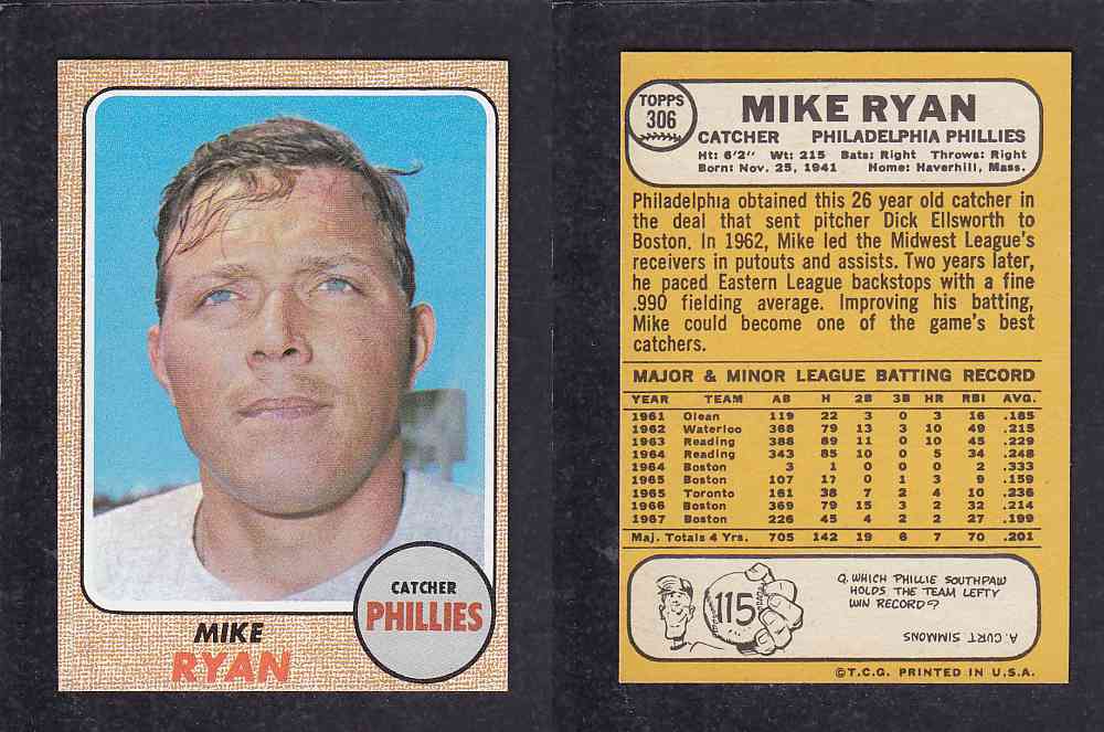 1968 TOPPS BASEBALL CARD  #306  M. RYAN photo