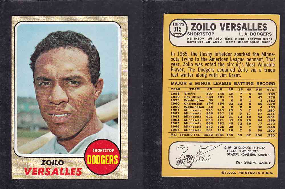 1968 TOPPS BASEBALL CARD  #315  Z. VERSALLES photo