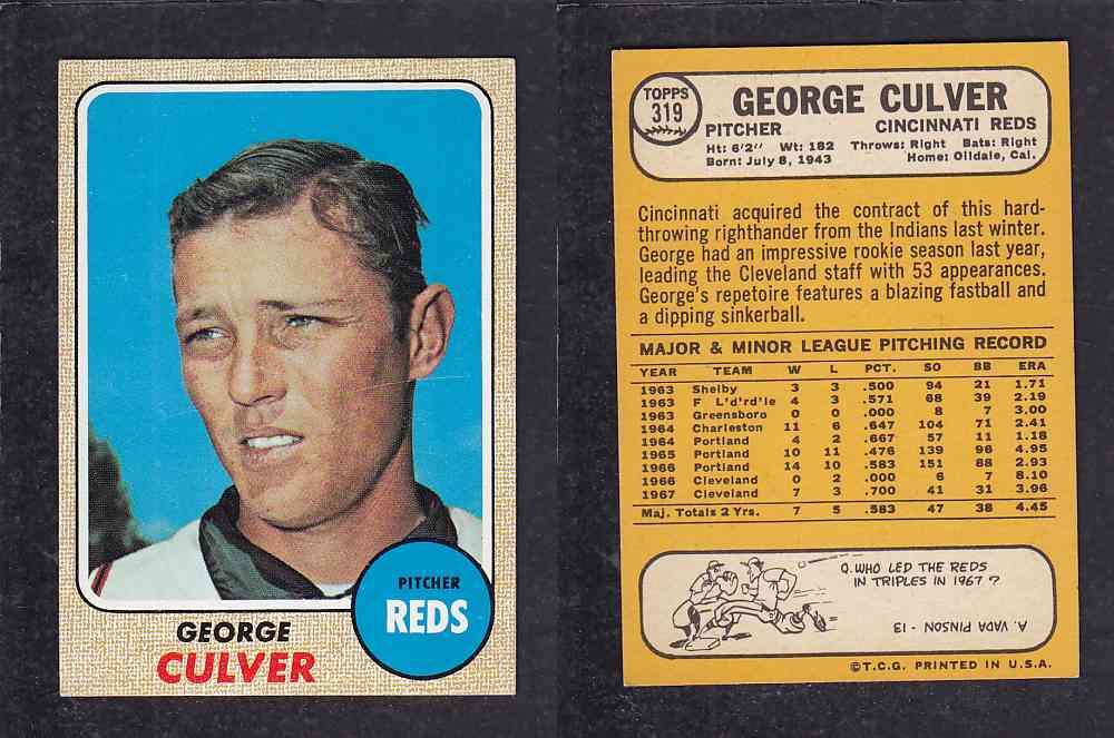 1968 TOPPS BASEBALL CARD  #319  G. CULVER photo