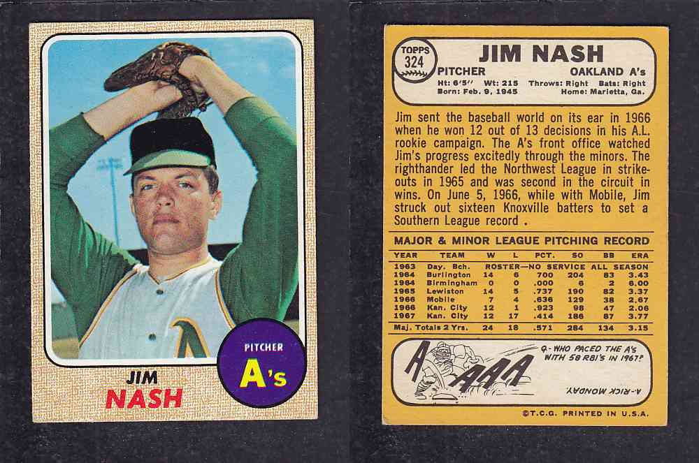 1968 TOPPS BASEBALL CARD  #324  J. NASH photo