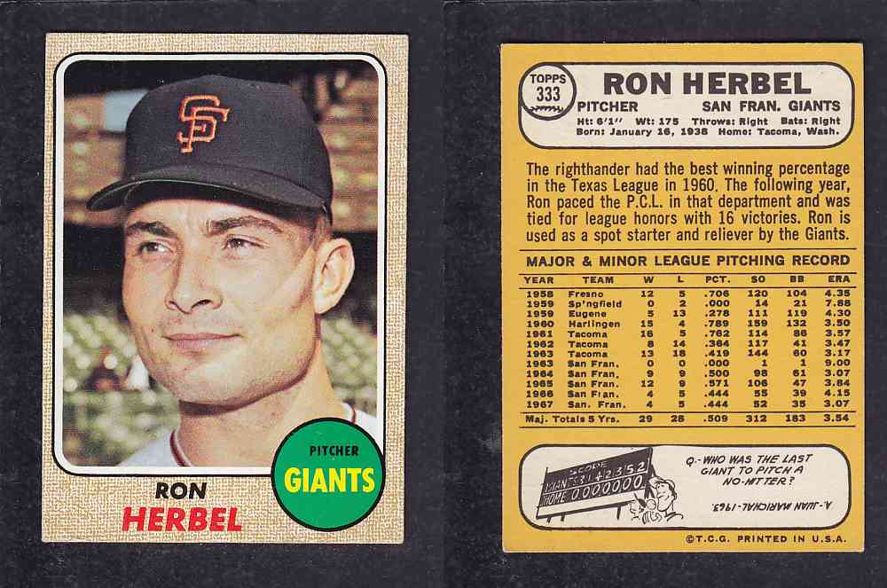 1968 TOPPS BASEBALL CARD  #333  R. HERBEL photo