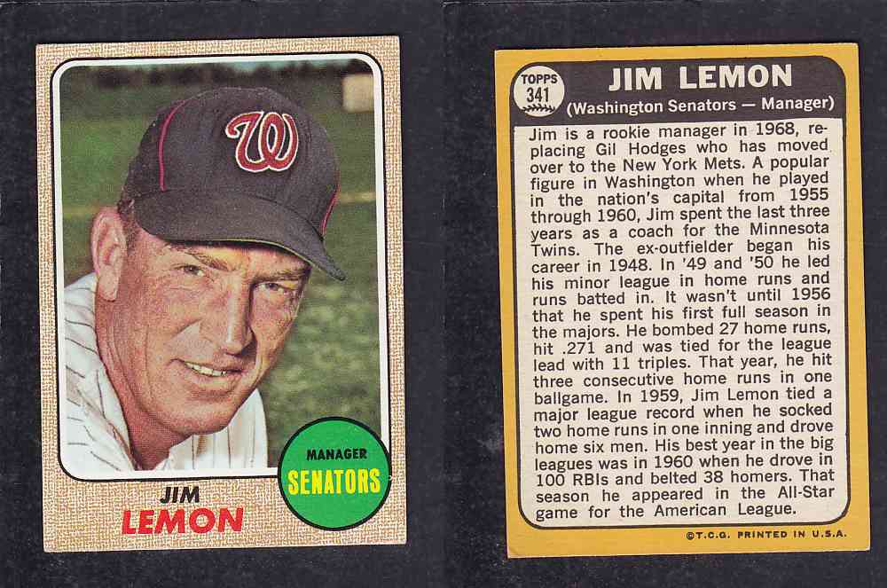 1968 TOPPS BASEBALL CARD  #341  J. LEMON photo