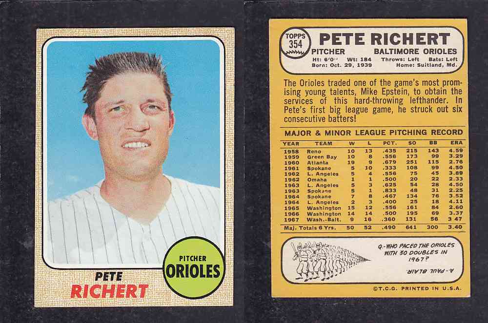 1968 TOPPS BASEBALL CARD  #354  P. RICHERT photo