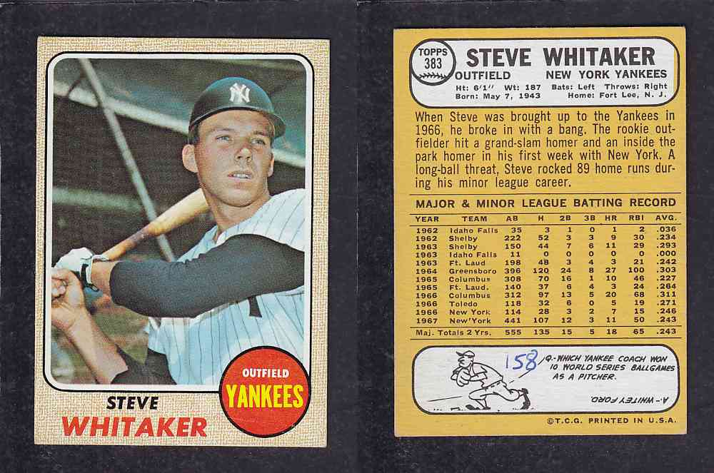 1968 TOPPS BASEBALL CARD  #383  S. WHITAKER photo