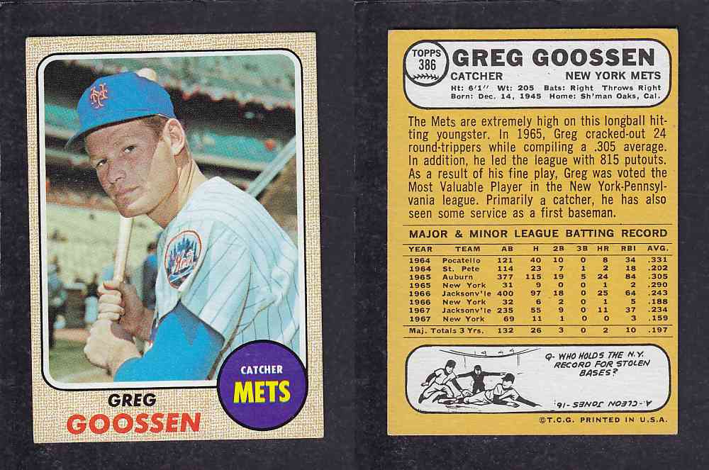 1968 TOPPS BASEBALL CARD  #386  G. GOOSSEN photo