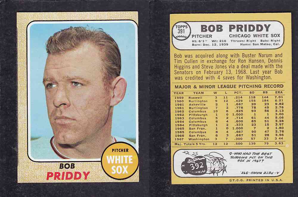 1968 TOPPS BASEBALL CARD  #391  B. PRIDDY photo