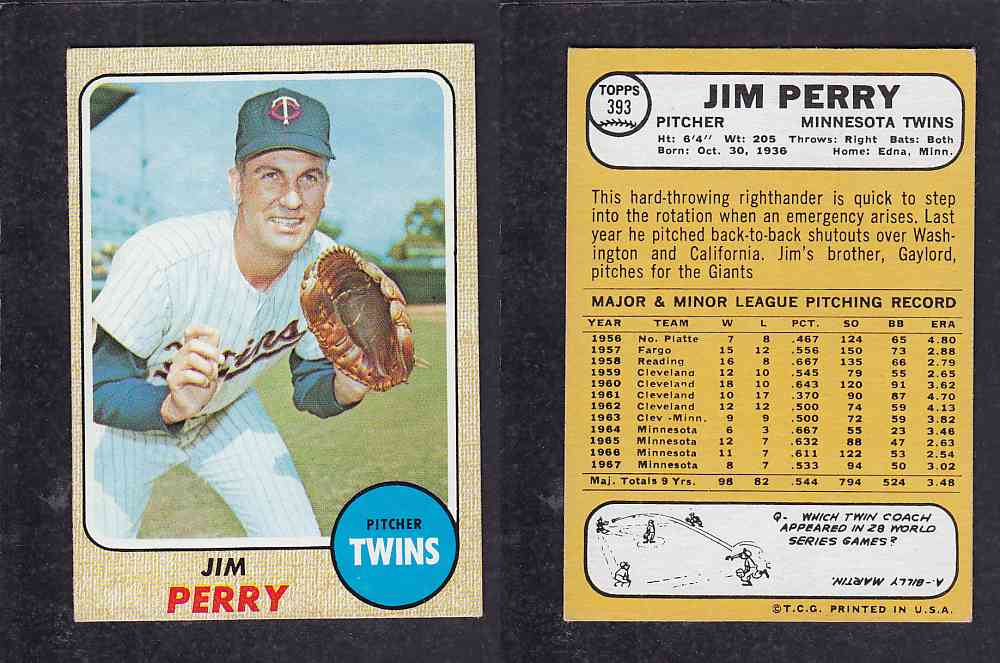 1968 TOPPS BASEBALL CARD  #393  J. PERRY photo