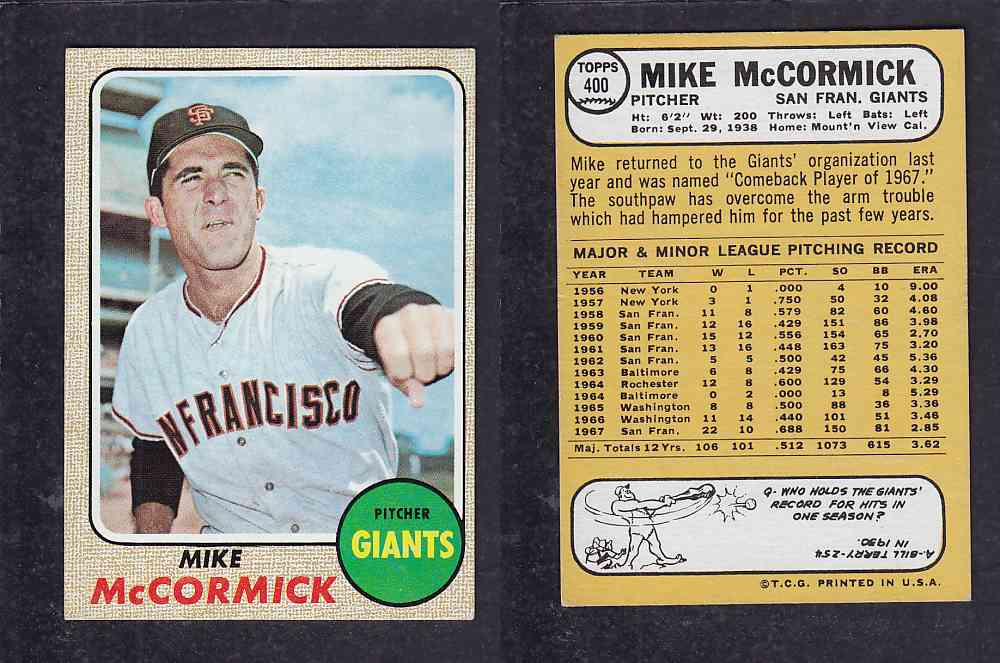 1968 TOPPS BASEBALL CARD  #400 M. McCORMICK photo