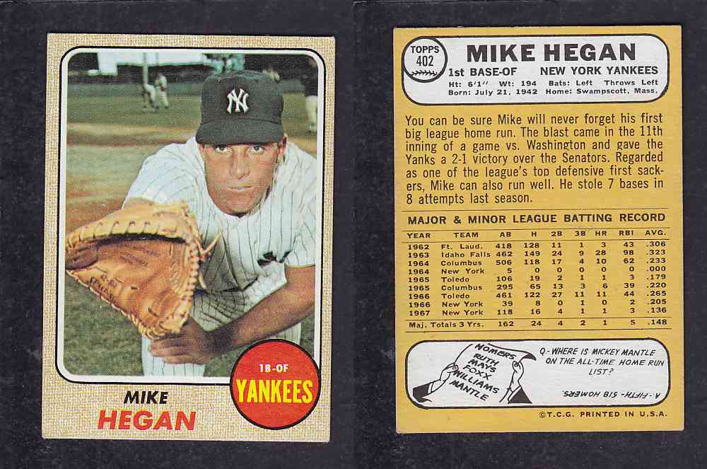 1968 TOPPS BASEBALL CARD  #402  M. HEGAN photo