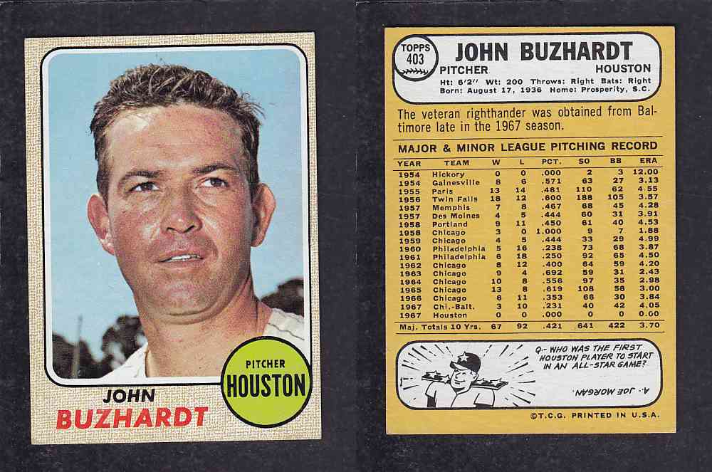 1968 TOPPS BASEBALL CARD  #403  J. BUZHARDT photo