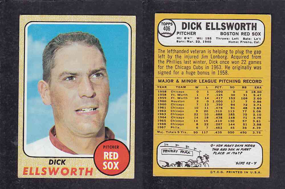 1968 TOPPS BASEBALL CARD  #406  D. ELLSWORTH photo