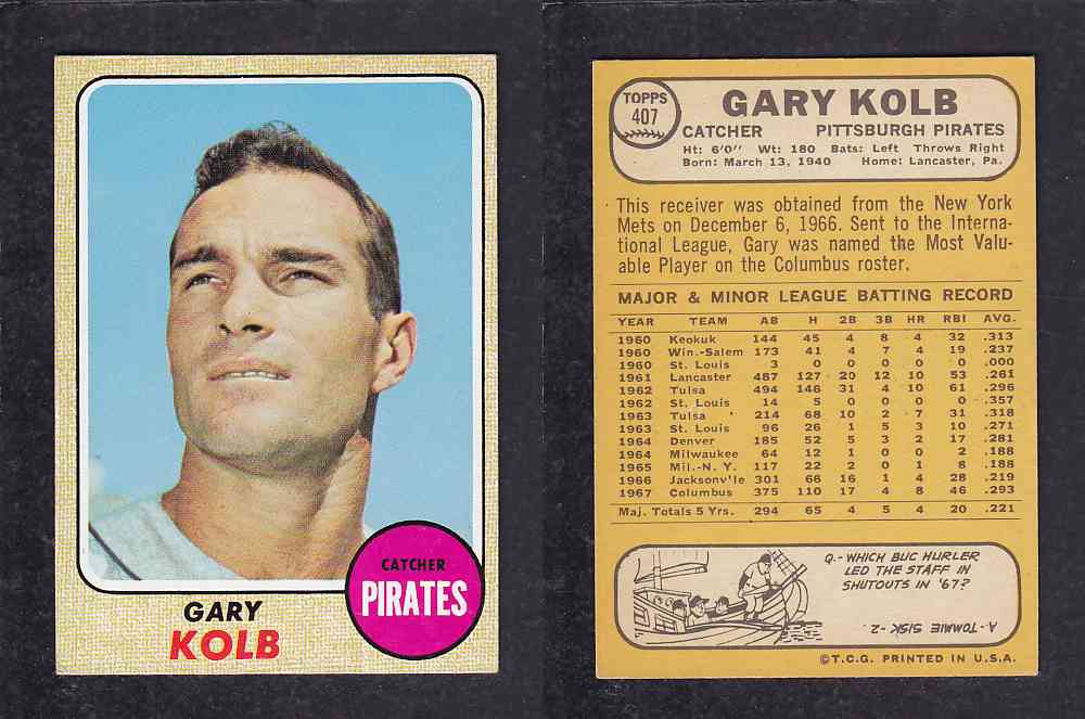 1968 TOPPS BASEBALL CARD  #407  G. KOLB photo