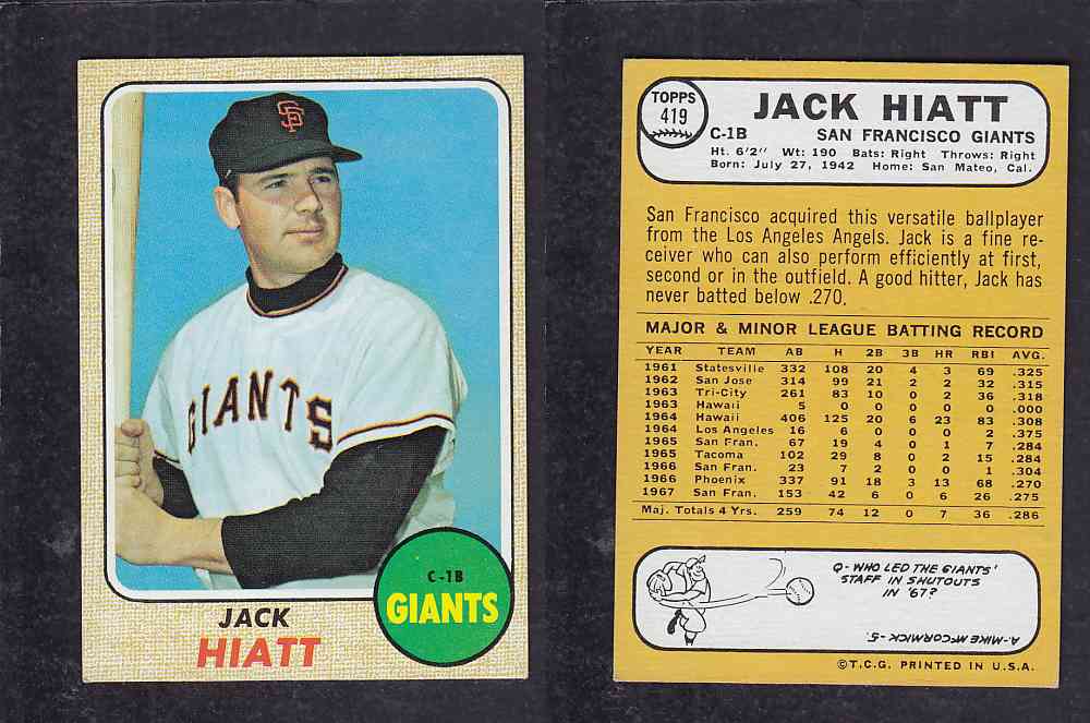 1968 TOPPS BASEBALL CARD  #419  J. HIATT photo