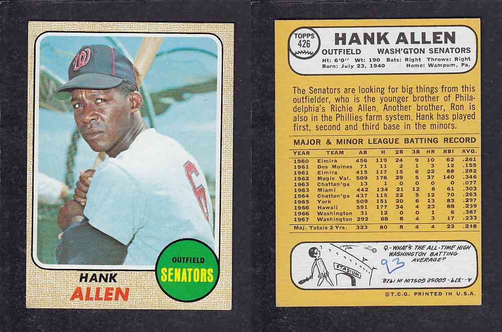 1968 TOPPS BASEBALL CARD  #426  H. ALLEN photo