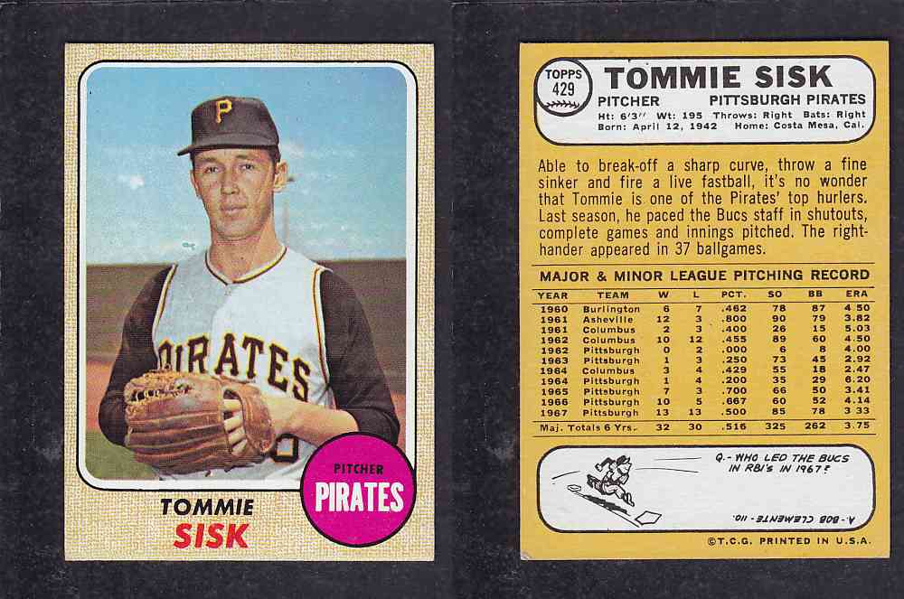 1968 TOPPS BASEBALL CARD  #429  T. SISK photo