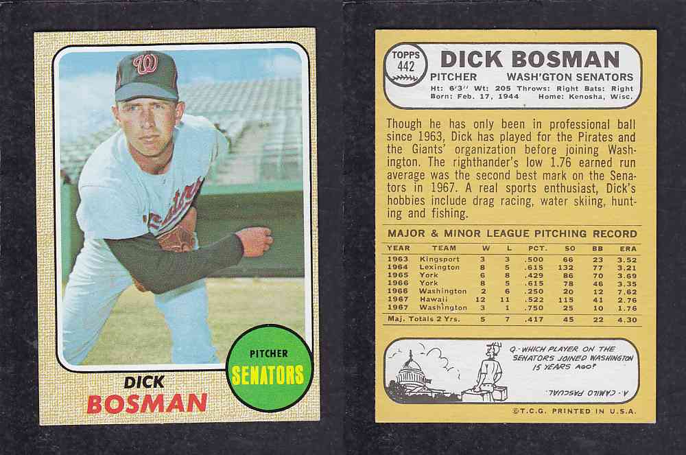 1968 TOPPS BASEBALL CARD  #442  D. BOSMAN photo