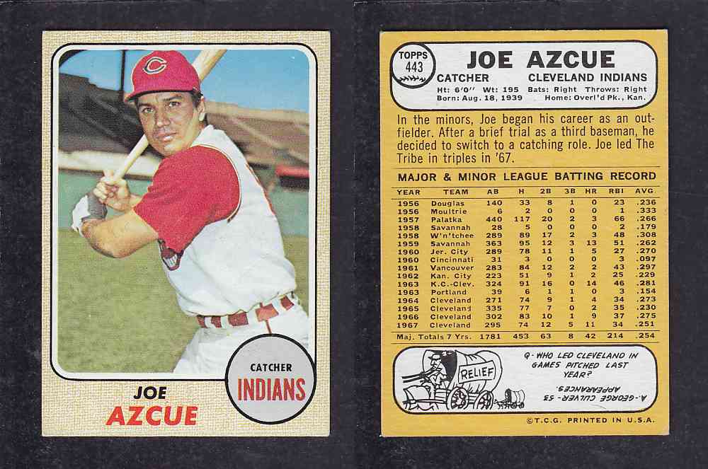 1968 TOPPS BASEBALL CARD  #443  J. AZCUE photo