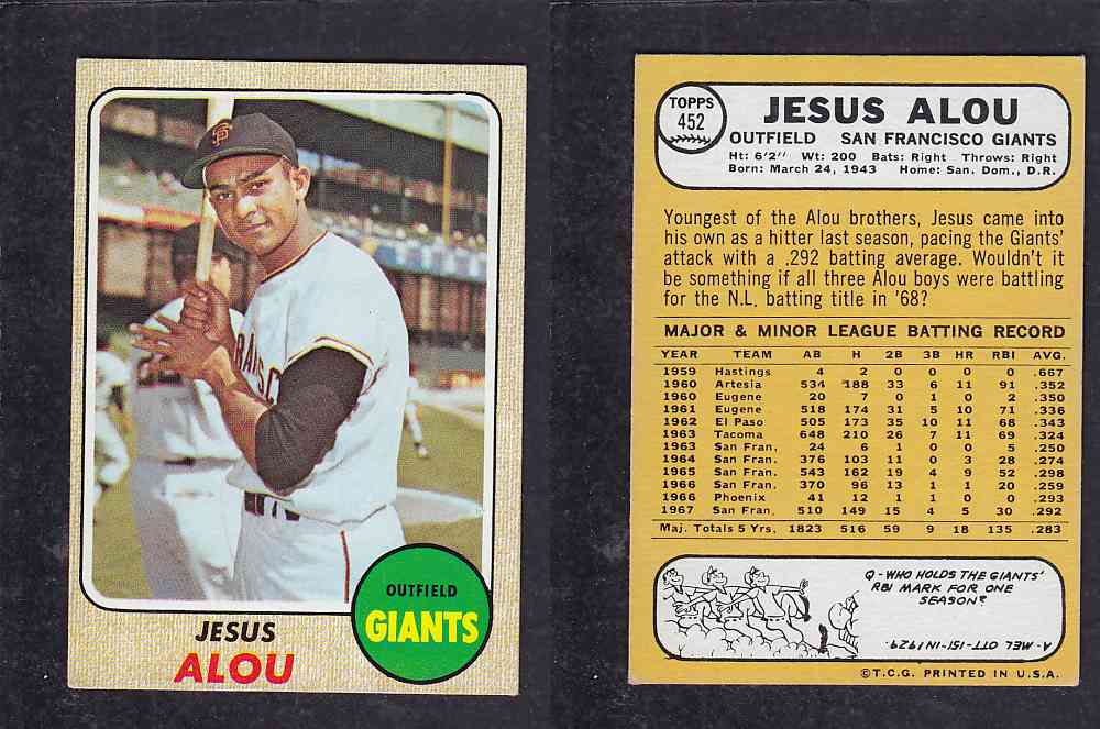 1968 TOPPS BASEBALL CARD  #452  J. ALOU photo