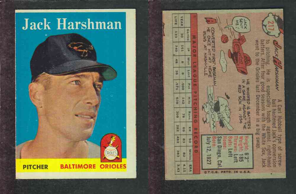 1958 TOPPS BASEBALL CARD #217 J. HARSHMAN photo