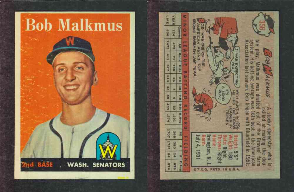 1958 TOPPS BASEBALL CARD #356 B. MALKMUS photo