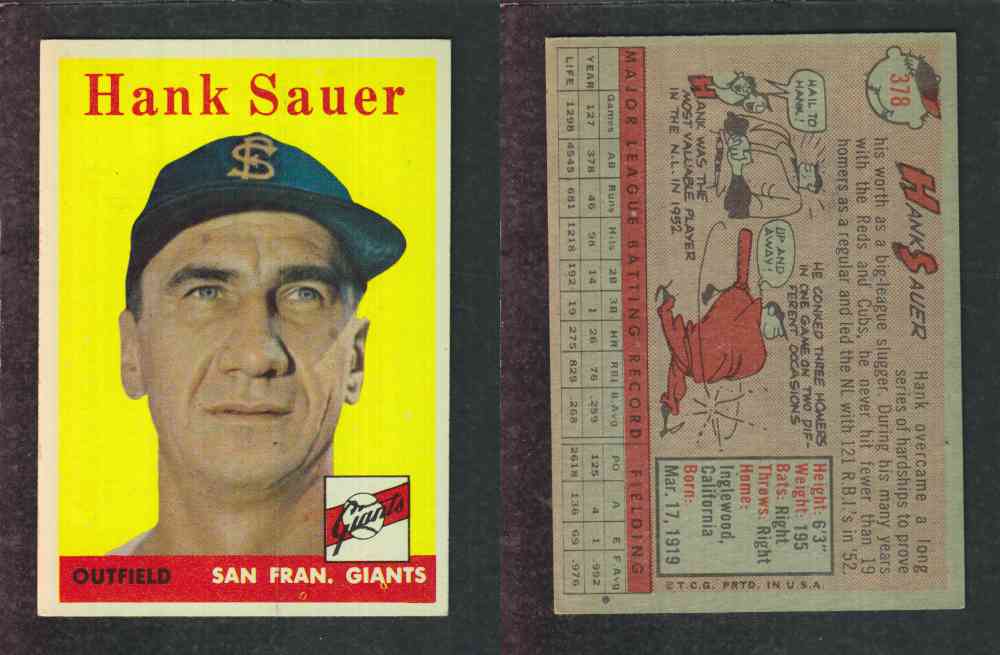 1958 TOPPS BASEBALL CARD #378 H. SAUER photo