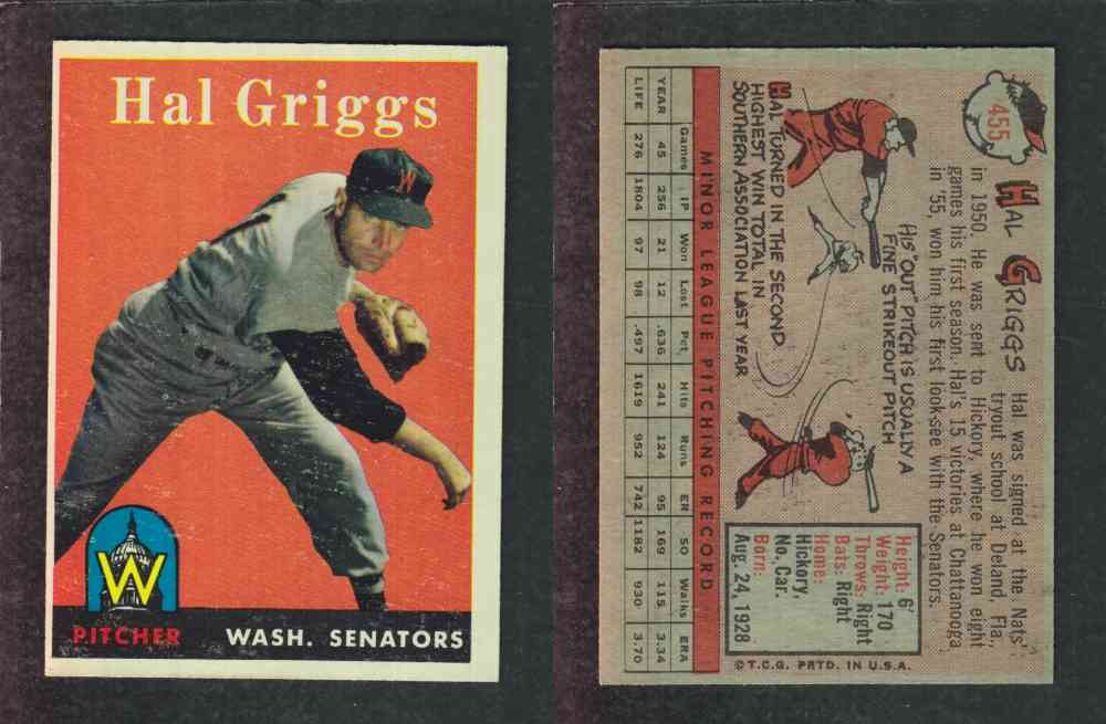 1958 TOPPS BASEBALL CARD #455 H. GRIGGS photo