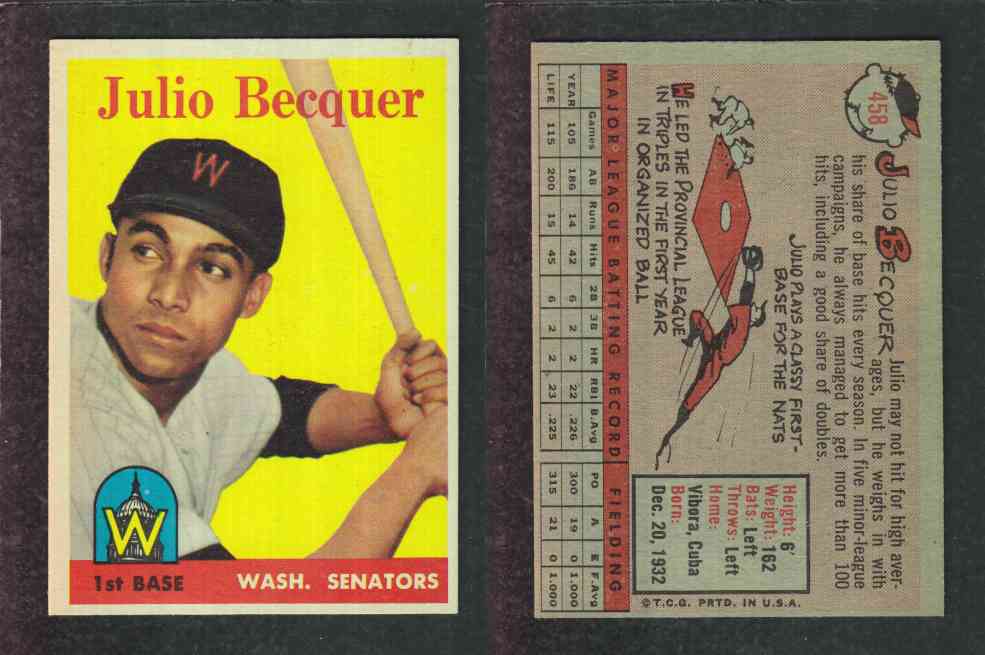 1958 TOPPS BASEBALL CARD #458 J. BECQUER photo