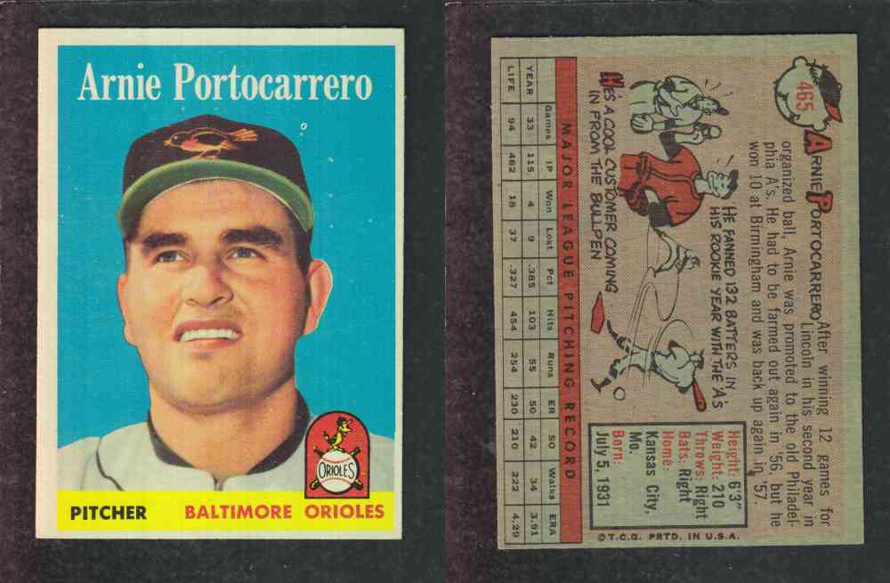 1958 TOPPS BASEBALL CARD #465 A. PORTOCARRERO photo