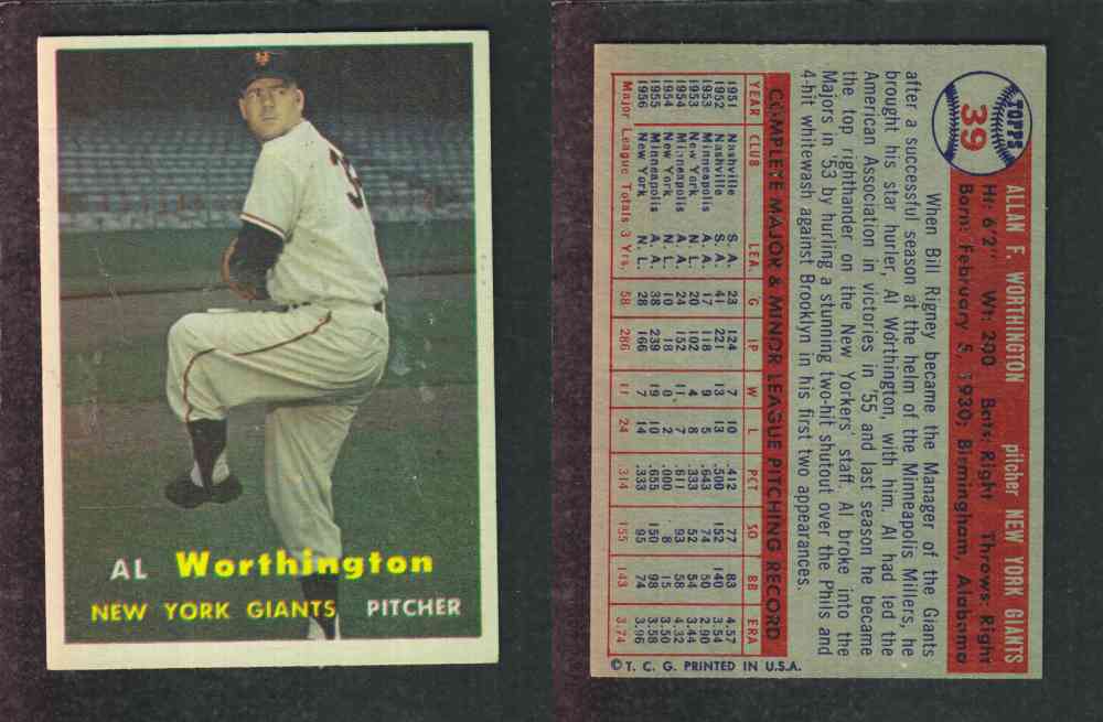 1957 TOPPS BASEBALL CARD #39 A. WORTHINGTON photo