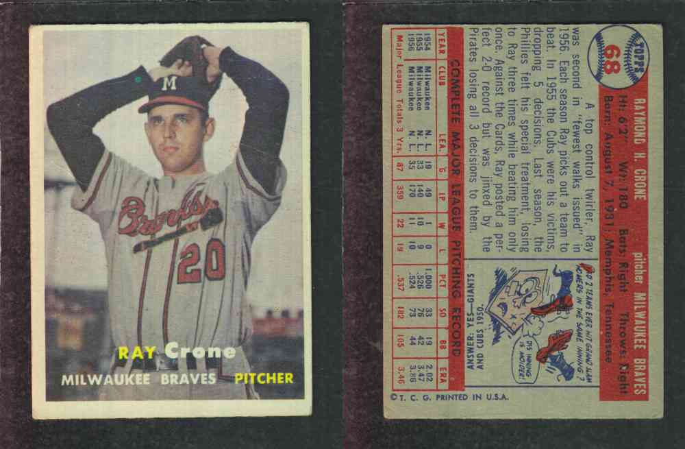 1957 TOPPS BASEBALL CARD #68 R. CRONE photo