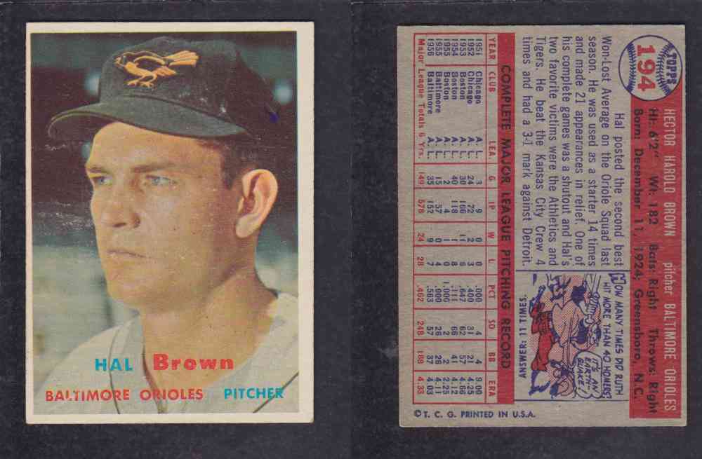 1957 TOPPS BASEBALL CARD #194 H. BROWN photo