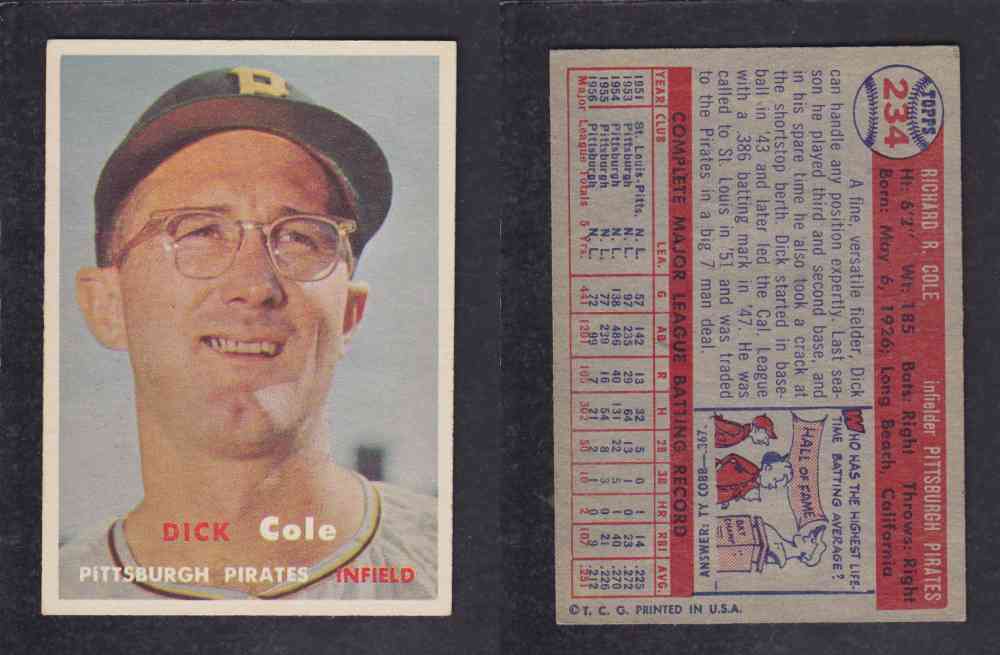 1957 TOPPS BASEBALL CARD #234 D. COLE photo