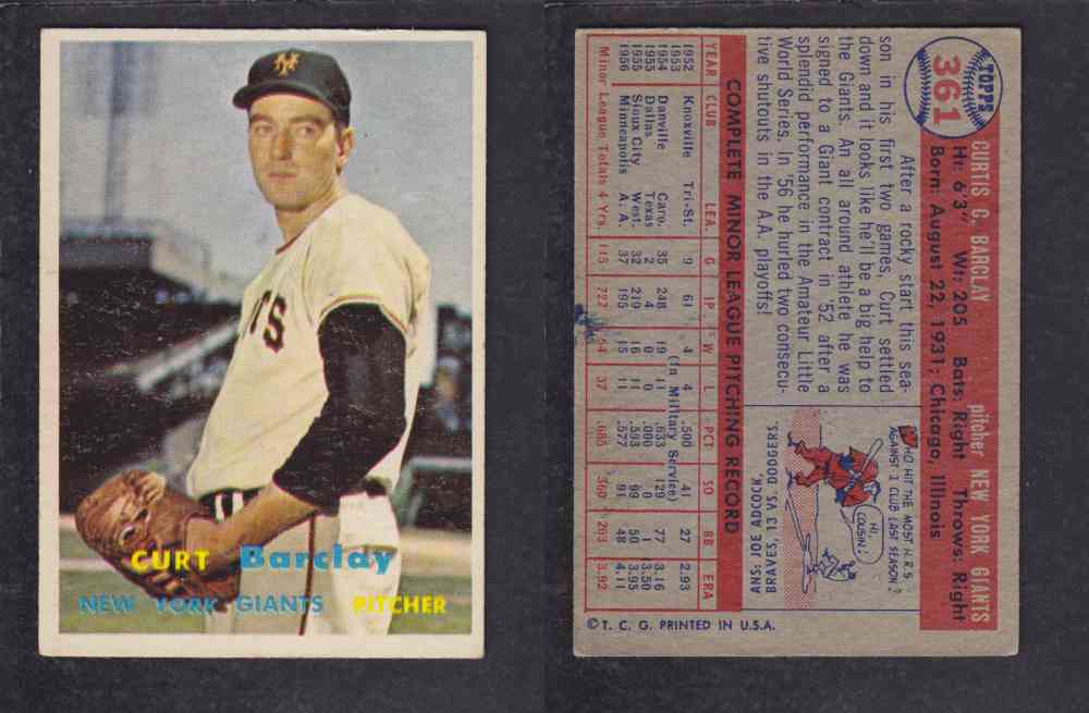 1957 TOPPS BASEBALL CARD #361 C. BARCLAY photo