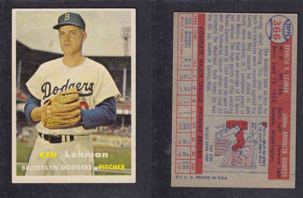 1957 TOPPS BASEBALL CARD #366 K. LEHMAN photo