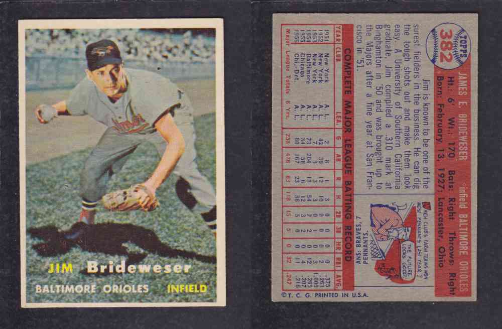 1957 TOPPS BASEBALL CARD #382 J. BRIDEWATER photo