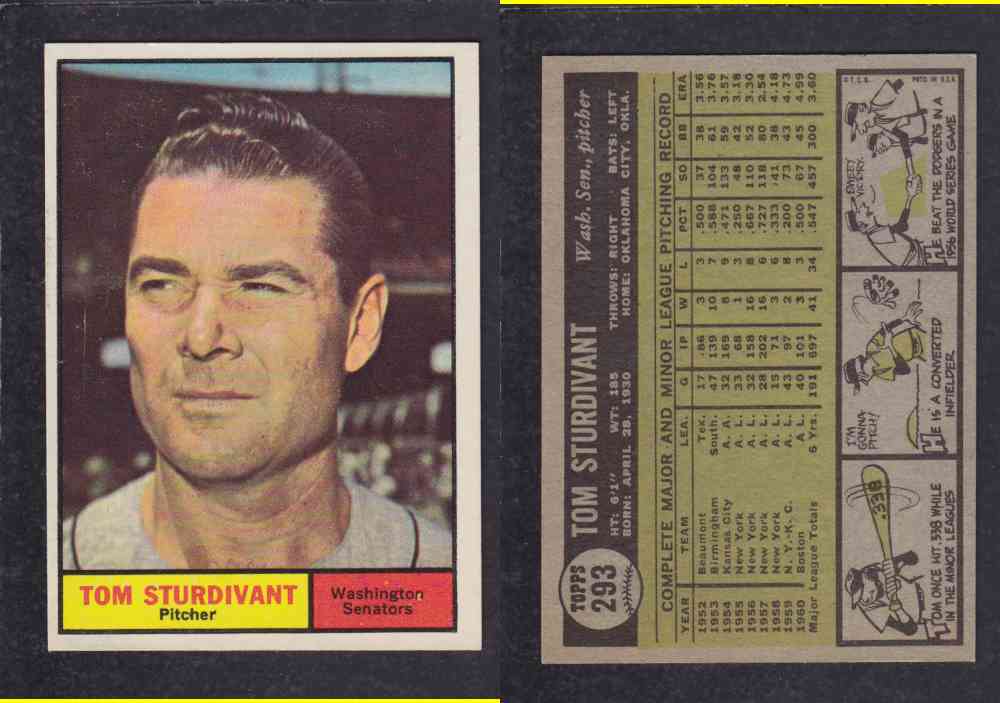 1961 TOPPS BASEBALL CARD #293  T. STURDIVANT photo